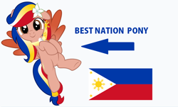 Size: 888x538 | Tagged: safe, artist:jhayarr23, edit, vector edit, oc, oc only, oc:pearl shine, pegasus, pony, caption arrow, cute, flower, flower in hair, flying, looking at you, nation ponies, ocbetes, patriotic, philippines, ponified, show accurate, simple background, solo, vector, white background