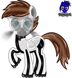 Size: 3840x4154 | Tagged: safe, artist:damlanil, oc, oc only, oc:viper, pegasus, pony, boots, clothes, collar, commission, cutie mark collar, gas mask, heart, heart eyes, high res, latex, looking at you, male, mask, raised hoof, rubber, rubber drone, shiny, shiny mane, shoes, simple background, solo, stallion, transformation, transparent background, vector, wingding eyes, wings