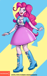 Size: 531x850 | Tagged: safe, alternate version, artist:srasomeone, pinkie pie, equestria girls, g4, boots, breasts, busty pinkie pie, cleavage, clothes, female, open mouth, shoes, skirt, solo
