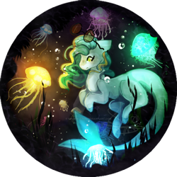 Size: 400x400 | Tagged: safe, artist:shiroikitten, oc, oc only, jellyfish, original species, shark, shark pony, bubble, crepuscular rays, digital art, dorsal fin, female, fin, fish tail, flowing mane, flowing tail, gills, glowing, mare, ocean, scales, seaweed, smiling, solo, swimming, tail, teeth, underwater, water