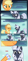 Size: 1919x4225 | Tagged: safe, artist:estories, applejack, oc, oc:silverlay, earth pony, original species, pony, umbra pony, unicorn, comic:a(pple)ffection, g4, angry, bracelet, canon x oc, comic, female, implied shipping, jewelry, lesbian, mare, show accurate, smiling, vector, yelling
