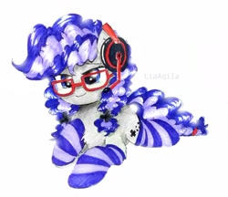 Size: 962x831 | Tagged: safe, artist:liaaqila, oc, oc only, oc:cinnabyte, pony, adorkable, cinnabetes, clothes, commission, cute, dork, gaming headset, headphones, headset, pigtails, socks, solo, striped socks, traditional art