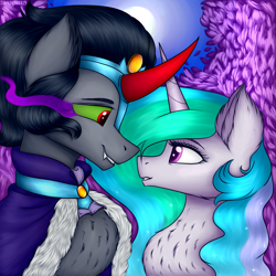 Size: 3000x3000 | Tagged: safe, artist:darklight1315, idw, king sombra, princess celestia, alicorn, pony, unicorn, g4, chest fluff, colored horn, curved horn, eye contact, female, former good king sombra, good king sombra, good sombra's cape, high res, horn, looking at each other, male, moon, ship:celestibra, shipping, sombra eyes, sombra horn, straight