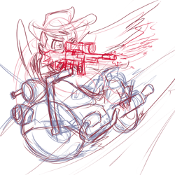 Size: 2000x2000 | Tagged: safe, artist:lightgraphicsdraws, griffon, gun, hat, high res, motorcycle, shooting, sketch, solo, spread wings, weapon, wings, wip