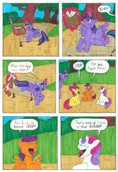 Size: 2340x3400 | Tagged: safe, artist:emperornortonii, apple bloom, scootaloo, sweetie belle, twilight sparkle, alicorn, earth pony, pegasus, pony, unicorn, comic:rarity's rainbelch, g4, burp, burping contest, comic, comic page, female, filly, high res, mare, sitting, traditional art, twilight sparkle (alicorn)