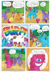 Size: 2368x3392 | Tagged: safe, artist:emperornortonii, apple bloom, pinkie pie, rainbow dash, scootaloo, sweetie belle, twilight sparkle, alicorn, earth pony, pegasus, pony, comic:rarity's rainbelch, g4, book, burp, burping contest, comic, comic page, female, filly, high res, mare, traditional art, twilight sparkle (alicorn)