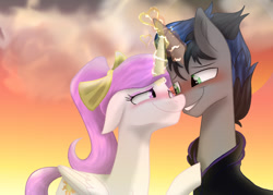 Size: 700x500 | Tagged: safe, artist:lettelauren, king sombra, princess celestia, alicorn, pony, unicorn, g4, alternate hairstyle, blushing, eye contact, female, good king sombra, heart, horn, horns are touching, lidded eyes, looking at each other, magic, male, pink-mane celestia, ponytail, ship:celestibra, shipping, smiling, straight, young celestia, young sombra, younger