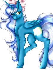 Size: 2287x3175 | Tagged: safe, artist:uczuciatm, oc, oc only, oc:fleurbelle, alicorn, pony, adorabelle, alicorn oc, bow, female, hair bow, high res, horn, leg fluff, mare, smiling, solo, wings, winking at you, yellow eyes