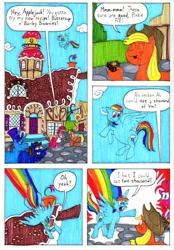 Size: 788x1134 | Tagged: safe, artist:emperornortonii, applejack, pinkie pie, rainbow dash, oc, earth pony, pegasus, pony, unicorn, comic:of ponies and brownies, g4, brownie, comic, food, rainbow trail, sugarcube corner, traditional art