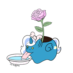 Size: 1280x1275 | Tagged: safe, artist:lib-fluffymoss, oc, oc only, oc:fleurbelle, alicorn, pony, adorabelle, alicorn oc, bow, bowl, cute, female, flower, hair bow, horn, licking, mare, ocbetes, rose, simple background, solo, tongue out, transparent background, water, wings, yellow eyes