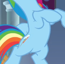 Size: 299x297 | Tagged: safe, screencap, rainbow dash, pegasus, pony, g4, the beginning of the end, belly, cropped, female, flying, open mouth, pictures of bellies, solo