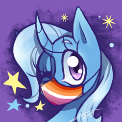 Size: 482x484 | Tagged: safe, artist:kaywhitt, trixie, pony, unicorn, g4, commission, coronavirus, covid-19, curved horn, demigirl pride flag, face mask, female, horn, lesbian pride flag, mare, mask, one eye closed, pride, pride flag, solo, stars, wink, ych result