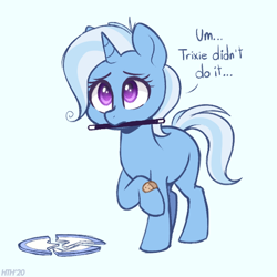 Size: 600x600 | Tagged: safe, artist:higglytownhero, trixie, pony, unicorn, g4, bandaid, blank flank, blatant lies, broken, cute, daaaaaaaaaaaw, dialogue, diatrixes, female, filly, filly trixie, foal, lies, magic wand, mouth hold, plate, raised hoof, simple background, solo, third person, wand, white background, younger
