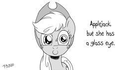 Size: 1200x675 | Tagged: safe, artist:pony-berserker, applejack, earth pony, pony, pony-berserker's twitter sketches, g4, female, glass eye, halftone, hat, monochrome, scar, simple background, solo, white background