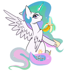 Size: 1024x1024 | Tagged: safe, artist:lailyren, princess celestia, alicorn, pony, g4, banana, bananalestia, ear fluff, female, food, herbivore, looking at you, looking back, looking back at you, magic, mare, one ear down, simple background, sitting, solo, telekinesis, transparent background