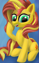 Size: 1873x3000 | Tagged: safe, artist:flusanix, sunset shimmer, pony, unicorn, g4, blue background, female, mare, open mouth, simple background, sitting, solo