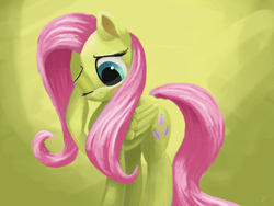 Size: 4000x3000 | Tagged: safe, artist:flusanix, fluttershy, pegasus, pony, g4, blushing, cute, female, high res, mare, one eye closed, shyabetes, simple background, solo, yellow background