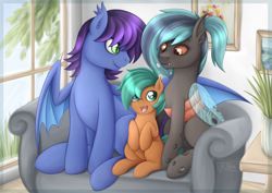 Size: 3508x2480 | Tagged: safe, artist:puggie, oc, oc:comet light, oc:keygun, oc:sora, bat pony, changeling, pony, bat pony oc, bat wings, brown changeling, changeling oc, family, family photo, high res, palindrome get, wings