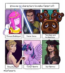 Size: 1080x1215 | Tagged: safe, artist:igamezart, twilight sparkle, alicorn, human, pony, raccoon, g4, adventure time, alcohol, animal crossing, bust, crossover, cup, daisy buchanan, female, grin, hat, jack sparrow, johnny depp, kanan jarrus, lightsaber, male, mare, pirate, pirates of the caribbean, princess bubblegum, six fanarts, smiling, star wars, star wars rebels, tom nook, twilight sparkle (alicorn), weapon, wine