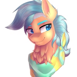 Size: 1080x1080 | Tagged: safe, artist:pearl123_art, oc, oc only, earth pony, pony, bust, chest fluff, ear fluff, earth pony oc, neckerchief, simple background, smiling, solo, white background
