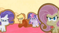 Size: 1665x927 | Tagged: safe, screencap, applejack, fluttershy, rarity, twilight sparkle, cookie pony, food pony, g4, g4.5, i cookie, my little pony: pony life, angry, cookie, food, rolling pin, treehouse logo