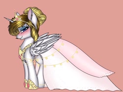Size: 1620x1215 | Tagged: safe, artist:pearl123_art, oc, oc only, oc:pearl, alicorn, pony, alicorn oc, blushing, clothes, dress, female, hoof shoes, horn, jewelry, mare, peytral, pink background, simple background, smiling, solo, tiara, wedding dress, wings