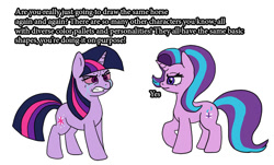 Size: 800x484 | Tagged: safe, artist:slamjam, starlight glimmer, twilight sparkle, pony, unicorn, g4, angry, crying, historical roleplay starlight, meme, nordic gamer, ponified meme, red eyes, simple background, smug, smuglight glimmer, text, twilight sparkle is not amused, unamused, unicorn twilight, white background, yes