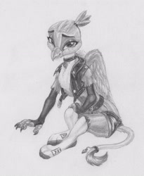 Size: 2733x3338 | Tagged: safe, artist:joestick, gabby, griffon, anthro, digitigrade anthro, g4, chest fluff, choker, clothes, female, fingerless gloves, gloves, grayscale, high res, jacket, monochrome, sitting, socks, solo