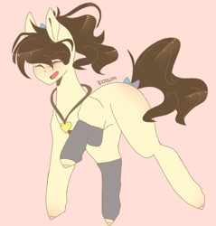 Size: 2197x2297 | Tagged: safe, artist:shinningblossom12, oc, oc only, earth pony, pony, blushing, bow, earth pony oc, eyes closed, female, high res, jewelry, leg warmers, mare, necklace, open mouth, pink background, simple background, smiling, solo, tail bow