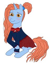 Size: 1824x2328 | Tagged: safe, artist:zosma-art, oc, oc only, oc:vega, pony, unicorn, blushing, bow, clothes, female, mare, shy, simple background, skirt, solo, student, transparent background