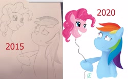 Size: 3053x1900 | Tagged: safe, artist:cynfularts, pinkie pie, rainbow dash, earth pony, pegasus, pony, g4, balloon, comparison, confused, creeped out, creepy, drawing, funny, irl, joke, old vs new, photo, pinkie being pinkie, silly, silly pony, simple background, uncanny, wat, white background
