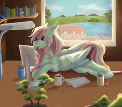 Size: 4000x3500 | Tagged: safe, artist:mskuropatka, oc, oc only, oc:gray lily, pony, bonsai, book, bookshelf, commission, computer, lamp, mouth hold, mug, solo, window, your character here