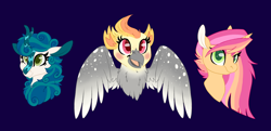 Size: 2116x1022 | Tagged: safe, artist:angei-bites, oc, oc only, hippogriff, kirin, pony, female, magical lesbian spawn, offspring, parent:autumn blaze, parent:cheerilee, parent:fire flare, parent:gilda, parent:mercury, parent:surprise, simple background