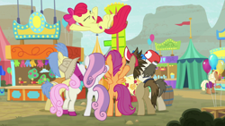 Size: 1920x1080 | Tagged: safe, screencap, apple bloom, scootaloo, sweetie belle, earth pony, pegasus, pony, unicorn, g4, growing up is hard to do, butt, carnival, cutie mark, cutie mark crusaders, female, male, mare, older, older apple bloom, older cmc, older scootaloo, older sweetie belle, plot, stallion, the cmc's cutie marks, thrown