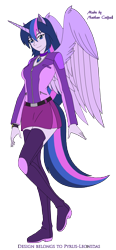 Size: 1361x2934 | Tagged: safe, artist:pyrus-leonidas, oc, oc only, oc:silvia sentry, human, alicorn humanization, belt, boots, breasts, choker, clothes, female, horn, horned humanization, humanized, jacket, jewelry, multicolored hair, necklace, offspring, parent:flash sentry, parent:twilight sparkle, parents:flashlight, pony coloring, shoes, simple background, skirt, solo, thigh boots, transparent background, watch, winged humanization, wristwatch