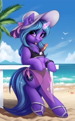 Size: 1024x1649 | Tagged: safe, artist:lightly-san, oc, oc only, oc:eleane tih, unicorn, semi-anthro, arm hooves, beach, bikini, bracelet, clothes, female, food, hat, hoof sandals, horn, ice cream, jewelry, looking at you, magic, popsicle, sandals, solo, swimsuit, telekinesis, tongue out, unicorn oc