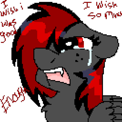 Size: 1024x1024 | Tagged: safe, artist:dicemarensfw, oc, oc:dicemare, pegasus, pony, bad, crying, depressed, dialogue, digital, digital art, eye lashes, fangs, female, folded wings, freckles, long hair, long mane, mare, open mouth, pegasus oc, photo, pixel art, sad, sadness, shading, simple background, solo, teeth, text, transparent background, vent art, venting, wings