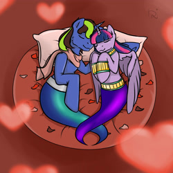 Size: 4000x4000 | Tagged: safe, artist:dark_nidus, twilight sparkle, oc, oc:pipa, alicorn, genie, genie pony, pony, g4, bed, canon x oc, clothes, collar, commission, cuddling, cute, eyes closed, geniefied, heart, in bed, indoors, lamp, petals, scarf, shipping, sleeping, smiling, story included, transformation, twilight sparkle (alicorn), twipa, wristband, ych result