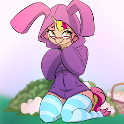 Size: 1000x1000 | Tagged: safe, artist:kennzeichen, oc, oc only, anthro, bunny hood, clothes, commission, female, glasses, hoodie, oversized clothes, socks, solo, stockings, striped socks, thigh highs, ych result