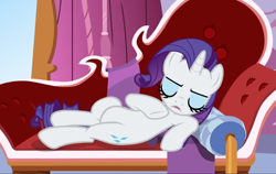 Size: 1485x938 | Tagged: safe, screencap, rarity, pony, unicorn, g4, ppov, belly, cropped, eyes closed, fainting couch, female, open mouth, reclining, solo