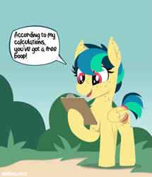 Size: 1127x1308 | Tagged: safe, artist:andaluce, oc, oc only, oc:apogee, pegasus, pony, chest fluff, chest freckles, cute, ear freckles, female, filly, freckles, imminent boop, solo, speech bubble, teenager
