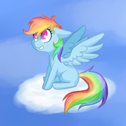 Size: 550x550 | Tagged: safe, artist:breadcipher, rainbow dash, pegasus, pony, g4, cloud, colored pupils, female, floppy ears, mare, missing cutie mark, on a cloud, sky, smiling, solo