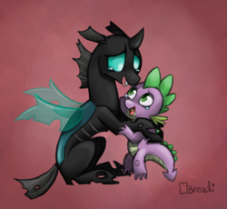 Size: 664x610 | Tagged: safe, artist:breadcipher, spike, thorax, changeling, dragon, g4, the times they are a changeling, crying, duo, male, open mouth, red background, simple background, smiling, tears of joy, teary eyes