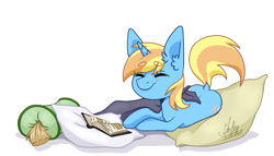 Size: 4850x2775 | Tagged: safe, artist:dar_onegin, oc, oc only, oc:skydreams, pony, unicorn, blanket, blushing, book, commission, cushion, eyebrows, eyebrows visible through hair, eyes closed, female, mare, pillow, raised tail, smiling, solo, tail, ych result