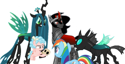 Size: 1411x720 | Tagged: safe, artist:dashiesparkle edit, artist:kayman13, artist:suramii, edit, vector edit, cozy glow, king sombra, queen chrysalis, rainbow dash, thorax, changeling, pegasus, pony, umbrum, unicorn, g4, angry, crystal wings, cute, fangs, female, filly, flying, freckles, frown, holding, looking at each other, male, mare, ready to fight, simple background, skull, sombradorable, transparent background, vector, wings