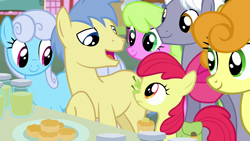 Size: 1280x720 | Tagged: safe, screencap, apple bloom, carrot top, daisy bolt, golden harvest, goldengrape, linky, royal riff, shoeshine, sir colton vines iii, earth pony, pony, g4, the perfect pear, female, filly, male, mare, stallion