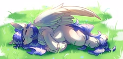 Size: 2500x1195 | Tagged: safe, artist:peachmayflower, oc, oc only, oc:gabriel, pegasus, pony, blank flank, commission, eyes closed, fluffy, grass, lying down, smiling, solo, wings