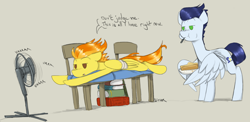 Size: 2150x1050 | Tagged: safe, artist:sinrar, soarin', spitfire, pegasus, pony, g4, bandage, book, chair, cute, cutefire, duo, electric fan, featured image, female, flight simulator, food, herbivore, injured wing, male, mare, no pupils, onomatopoeia, pie, simple background, sound effects, speech bubble, stallion, that pony sure does love pies, wing hands, wings