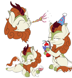 Size: 2400x2600 | Tagged: safe, artist:rocket-lawnchair, autumn blaze, kirin, alcohol, autumn blaze is not amused, awwtumn blaze, cloven hooves, cute, female, fire extinguisher, glass, hat, hoof hold, party hat, party horn, unamused, wine, wine glass