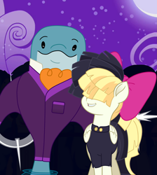 Size: 1251x1397 | Tagged: safe, artist:tcgamebot, finn tastic, songbird serenade, dolphin, pegasus, pony, dol-fin-ale, g4, g4.5, my little pony: pony life, my little pony: the movie, bow, clothes, famous, night, photo, show accurate, sia (singer), smiling
